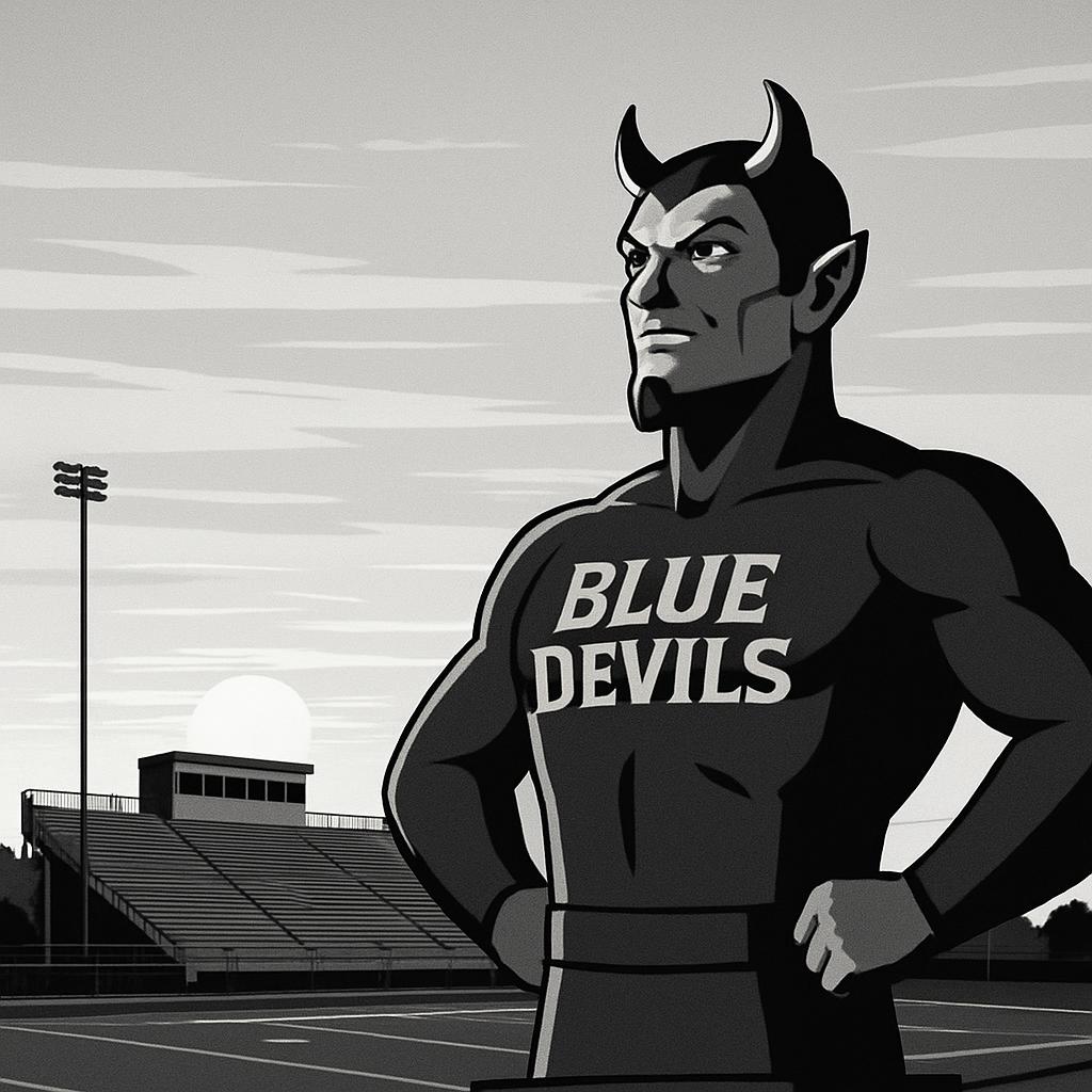 Black male devil character in athletic gear with 'BLUE DEVILS' printed across his shirt, standing in a field.
